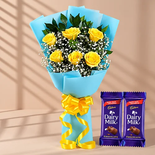 Sunny Yellow Roses & Dairy Milk Delight Bouquet Sunny Yellow Roses & Dairy Milk Delight Bouquet