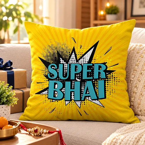 Super Bhai Quote Printed Satin Cushion Cover, Yellow Super Bhai Quote Printed Satin Cushion Cover, Yellow