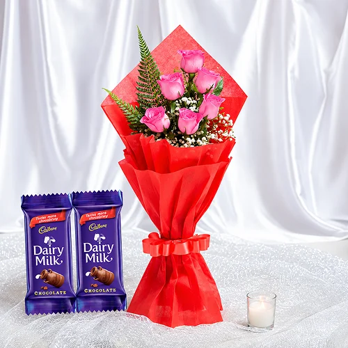 Sweet Pink Roses & Dairy Milk Delight Bouquet Sweet Pink Roses & Dairy Milk Delight Bouquet