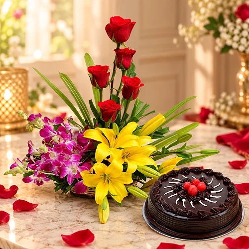 Sweet Splendor Flowers with Cake
