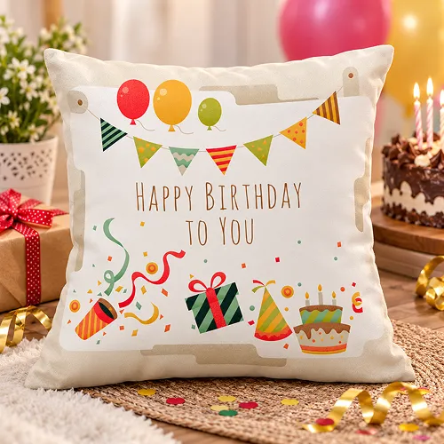 Top Birthday Banner Flying Balloons with Happy Birthday Text Print Satin Cushion