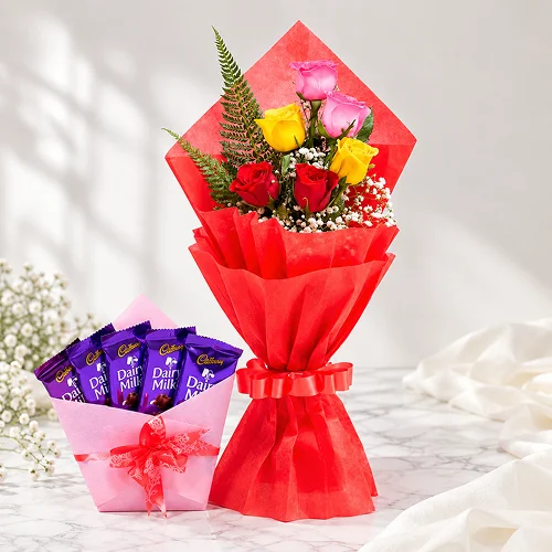 Vibrant Mixed Roses & Dairy Milk Chocolate Delight