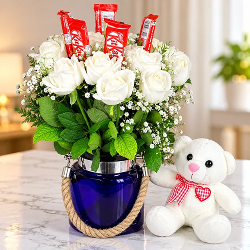 White Beauty Roses N Teddy