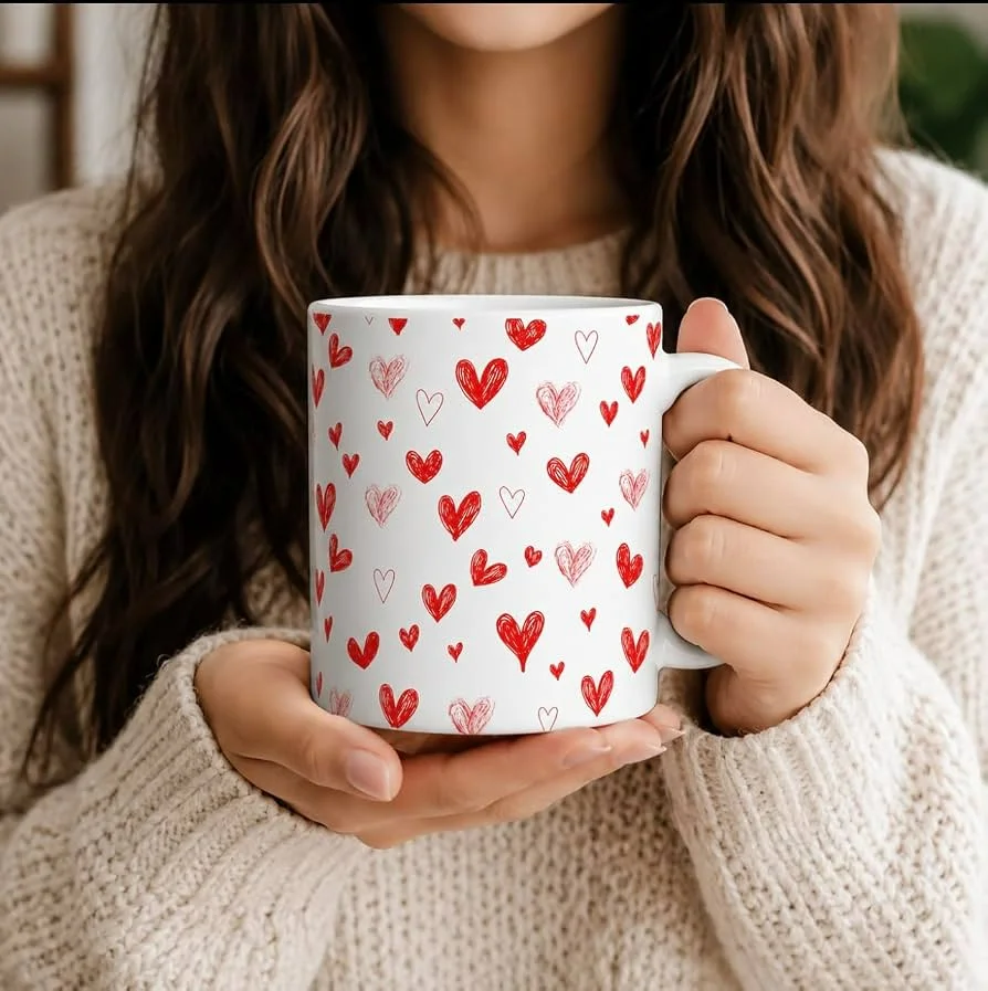 White Ceramic Mug with Red Heart Pattern, Valentine's Day Coffee Cup White Ceramic Mug with Red Heart Pattern, Valentine's Day Coffee Cup