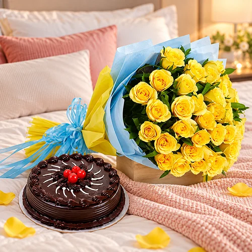 Yellow Roses and Cake Premium Yellow Roses and Cake Premium