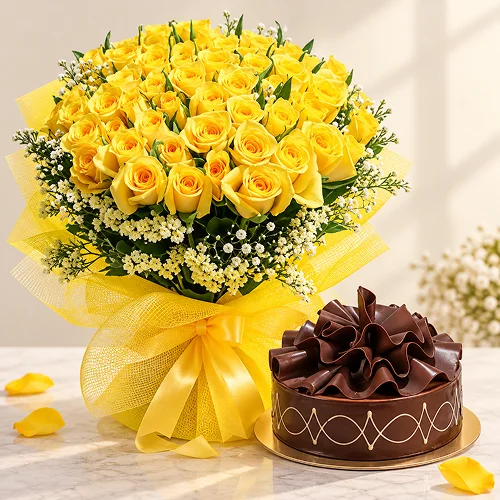 Yellow Roses with Cake Yellow Roses with Cake