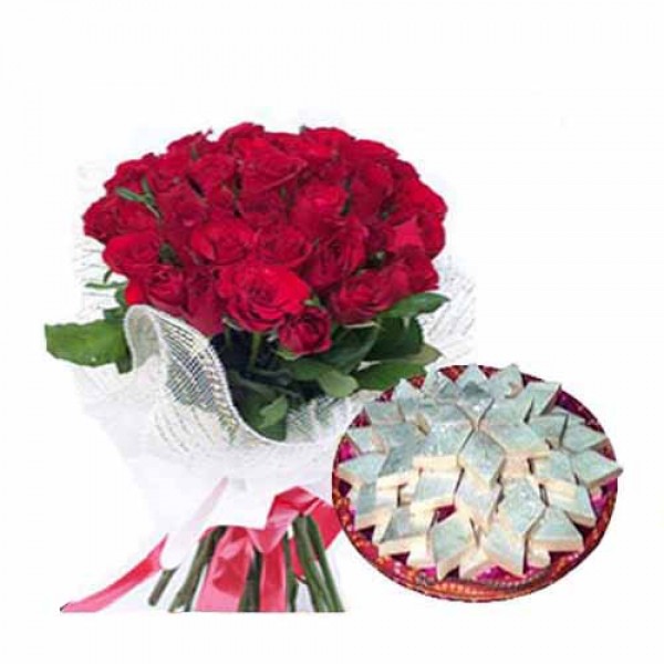 Roses with Kaju Katli Roses with Kaju Katli