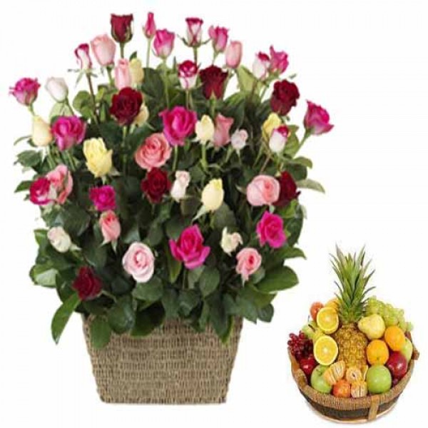 Basket of Mix Roses & Fruit Basket Basket of Mix Roses & Fruit Basket
