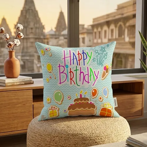 illustrator Cake with Flying Balloons Happy Birthday Print Satin Cushion